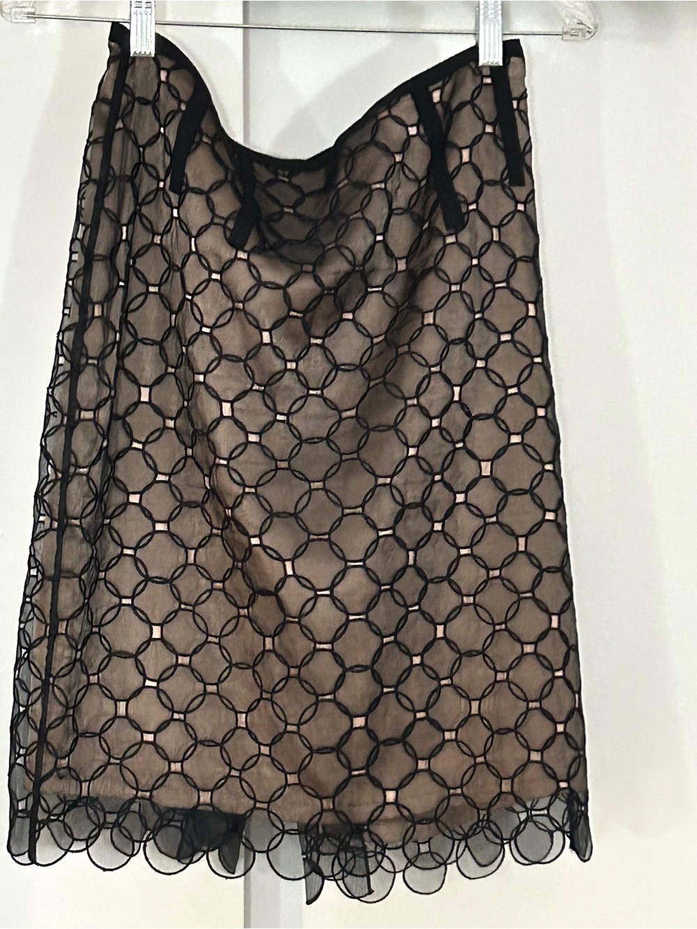 BCBGMaxAzria Black Mesh Overlay Midi Skirt with Nude Lining